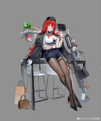  1girl 6p62 6p62_(6p62&#039;s_offer)_(girls&#039;_frontline) 6p62_(girls&#039;_frontline) :&lt; adjusting_hair bag black_choker black_footwear black_hat black_jacket black_pantyhose blue_eyes blue_shorts book bra breasts brown_bag buckle chair character_doll chest_strap choker cleavage coffee_maker coffee_pot company_logo crossed_ankles ear_piercing earrings epaulettes full_body garrison_cap girls&#039;_frontline gold_trim grey_background hair_between_eyes hair_ornament hairclip handbag hat high_collar high_heels highres jacket jacket_on_shoulders jewelry key lace lace-trimmed_bra lace_trim lanyard large_breasts leaning_on_table long_hair long_sleeves looking_at_viewer office_lady official_alternate_costume official_art pantyhose parted_lips partially_unbuttoned picture_frame piercing plant potted_plant red_hair shirt shorts smile snap-fit_buckle solo sticky_note thigh_strap underwear very_long_hair watch weibo_logo weibo_watermark white_shirt wristwatch yoyo_(550098) 