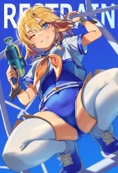  1girl absurdres arm_up blonde_hair blue_background blue_eyes blue_footwear blue_one-piece_swimsuit breasts brown_neckerchief commentary_request grin hair_between_eyes hand_up highres holding michairu neckerchief one-piece_swimsuit one_eye_closed original sailor_collar school_uniform serafuku shirt shoes short_sleeves small_breasts smile solo squatting star_(symbol) swimsuit swimsuit_under_clothes thighhighs tiptoes white_sailor_collar white_shirt white_thighhighs 