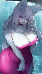  1girl absurdres animal_ears animal_nose blue_fur body_fur breasts choker cleavage commission curled_fingers curvy dress fox_ears fox_girl fox_tail furry furry_female grey_hair half-closed_eyes head_tilt highres large_breasts long_hair looking_at_viewer open_mouth original pink_choker pink_dress purple_eyes rain skeb_commission snout solo suurin_(ksyaro) tail thick_thighs thighs twitter_username white_fur wide_hips  rating:Sensitive score:43 user:danbooru