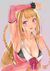  1girl :d arm_up armpits bare_shoulders bikini bikini_top_only black_bikini blonde_hair blunt_bangs blush braid breasts character_request cleavage clothing_cutout collarbone copyright_request detached_sleeves dokiyuri dress grey_hair highres large_breasts long_sleeves multicolored_hair navel_cutout open_mouth pink_dress pink_eyes pink_hair purple_ribbon ribbon simple_background smile solo straight_hair strap_slip streaked_hair swimsuit twin_braids upper_body virtual_youtuber  rating:Sensitive score:43 user:danbooru