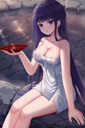  1girl absurdres arm_at_side bare_arms bare_legs blush breasts cleavage collarbone cup genshin_impact hair_down highres holding holding_cup holding_plate large_breasts long_hair looking_at_viewer medium_breasts mole mole_under_eye nail_polish onsen plate purple_eyes purple_hair purple_nails raiden_shogun sakazuki short_hair skym_(kumei) thighs towel very_long_hair wet 