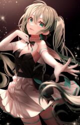  1girl :d ahoge black_bow black_bowtie black_hairband bodice bow bowtie breasts collar dark_background dress elbow_gloves floating_hair gloves green_eyes green_hair hair_between_eyes hairband hand_up hatsune_miku light_particles long_hair looking_at_viewer looking_back miku_day miku_symphony_(vocaloid) momyong open_mouth outstretched_arm parted_lips pleated_skirt skirt small_breasts smile solo standing thighhighs twintails very_long_hair vocaloid white_collar white_dress white_gloves white_thighhighs zettai_ryouiki 