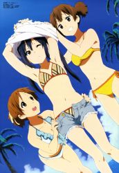 3girls absurdres armpits arms_up bikini black_eyes black_hair breasts brown_eyes brown_hair cleavage clothes_pull cloud collarbone day denim denim_shorts flat_chest frown grin highres hirasawa_ui iwasaki_nami k-on! k-on!_movie megami_magazine multiple_girls nakano_azusa navel official_art one_eye_closed open_fly open_mouth outdoors palm_tree ponytail pulling_another&#039;s_clothes round_teeth scan short_twintails shorts shorts_pull side-tie_bikini_bottom sky small_breasts smile suzuki_jun swimsuit teeth tree twintails undressing unzipped water wink rating:Sensitive score:88 user:danbooru