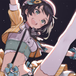  1girl aqua_eyes beret brown_hair commentary_request crop_top cropped_jacket gloves hat hololive kuroboshi_kouhaku leg_up midriff navel oozora_subaru oozora_subaru_(starlight) open_mouth outstretched_arms short_hair shorts simple_background smile solo sparkling_eyes spread_arms suspender_shorts suspenders thighhighs virtual_youtuber white_thighhighs 