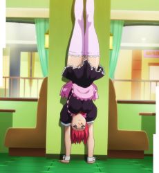 1girl bandaid curtains exercising female_focus floor hairline handstand highres indoors lace lace-trimmed_legwear lace_trim legs legs_together looking_at_viewer maid maken-ki! pink_thighhighs puffy_sleeves purple_eyes red_hair screencap serious shadow shinatsu_azuki shiny_skin short_hair short_sleeves solo stitched takami_akio thighhighs thighs third-party_edit upside-down wall wrist_cuffs zettai_ryouiki rating:Sensitive score:18 user:vincaddo