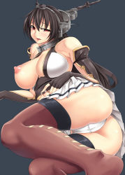 10s 1girl ass bare_shoulders black_gloves black_hair blush bow bow_panties breasts brown_thighhighs elbow_gloves fingerless_gloves gloves hairband headgear highres kantai_collection kinntarou large_breasts long_hair looking_at_viewer nagato_(kancolle) nipples open_mouth panties pantyshot red_eyes simple_background skirt solo thighhighs underwear upskirt white_panties rating:Questionable score:44 user:danbooru