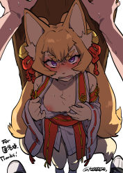  1girl against_wall animal_ear_fluff animal_ears artist_name blonde_hair blush body_fur claws clothes_pull commentary_request detached_sleeves flat_chest fox_ears fox_girl fox_tail furry furry_female hands_up highres japanese_clothes kabedon long_hair long_sleeves looking_at_viewer miko nipples one_breast_out open_mouth original pov purple_eyes shirt_pull simple_background slit_pupils solo_focus standing sweat tail teko_(tawake) thick_eyebrows twintails twitter_username very_long_hair white_background wide_sleeves yellow_fur 