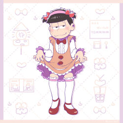  alternate_hairstyle banknote bill_(object) bow bowtie chibimi chibimi_(cosplay) clothes_lift cosplay crazy_straw crossdressing cup curtsey dress drinking_straw facial_mark food frilled_dress frilled_sleeves frills hair_bow heart heart_straw highres jiyuuto_(cocyco) key matsuno_ichimatsu money oden official_style onsen_symbol osomatsu-san osomatsu_(series) red_bow red_bowtie red_footwear shared_drink short_twintails skirt skirt_lift smile twintails whisker_markings 