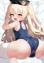  1girl :d absurdres all_fours anchor_hat_ornament ass azur_lane bache_(azur_lane) bare_shoulders bent_over blonde_hair blue_one-piece_swimsuit blush breasts cameltoe collar fang from_above from_behind hair_between_eyes half-closed_eyes hands_up hat hat_ornament highres igarashi_gozo kneeling legs_folded loli long_hair looking_at_viewer looking_back naughty_face on_bed one-piece_swimsuit open_mouth purple_eyes skin_tight skindentation small_breasts smile solo spread_legs swimsuit thighhighs thighs top-down_bottom-up very_long_hair  rating:Sensitive score:102 user:danbooru