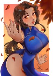 1girl absurdres blue_dress blush breasts brown_hair china_dress chinese_clothes collared_dress covered_navel dress falling_leaves fingernails highres hong_xiu_ying large_breasts leaf lips lipstick long_hair looking_at_viewer makeup nail_polish orange_background orange_eyes outstretched_arm panty_straps parted_bangs parted_hair pelvic_curtain pink_nails red_draws5 sega shenmue shenmue_ii side_slit sidelocks signature solo two-tone_background very_long_hair