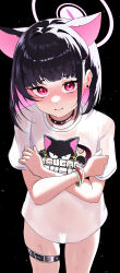  1girl absurdres animal_ears belt black_background black_belt black_choker black_hair blue_archive blush cat_ears choker closed_mouth colored_inner_hair cowboy_shot extra_ears hair_ornament hairclip halo highres kazusa_(band)_(blue_archive) kazusa_(blue_archive) mamo_(user_jjca7524) multicolored_hair official_alternate_costume pink_hair pink_halo red_eyes shirt short_hair short_sleeves simple_background solo thigh_belt thigh_strap white_shirt 