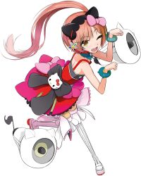  1girl animal_ears bare_arms black_bow boots bow cat_ears dress eyes_visible_through_hair fake_animal_ears from_above hair_bow hello_kitty hello_kitty_(character) looking_at_viewer megaphone nekomura_iroha nekomura_iroha_(vocaloid4) official_art okama one_eye_closed open_mouth paw_pose pink_bow pink_hair red_dress sanrio side_ponytail simple_background sleeveless sleeveless_dress smile solo thigh_boots third-party_source vocaloid white_background white_bow white_footwear yellow_eyes 