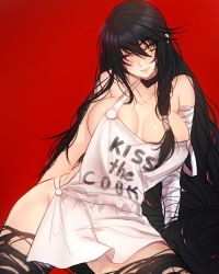 1girl apron bandaged_arm bandages bare_shoulders black_hair blush breasts breasts_apart choker clothes_writing cowboy_shot facing_viewer large_breasts long_hair looking_at_viewer medium_breasts naked_apron one_eye_closed red_background sideboob simple_background smile solo standing tales_of_(series) tales_of_berseria torn_clothes torn_legwear tusia velvet_crowe wink yellow_eyes rating:Questionable score:60 user:danbooru