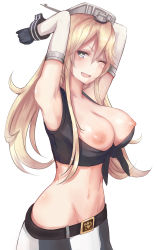 +_+ 10s 1girl armpits arms_up bad_id bad_pixiv_id blonde_hair blue_eyes breasts elbow_gloves front-tie_top gloves groin highres iowa_(kancolle) kantai_collection kinryuu large_breasts long_hair looking_at_viewer midriff navel nipples one_eye_closed open_mouth shiny_skin skirt smile solo striped_clothes striped_skirt rating:Questionable score:32 user:danbooru