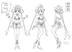 1990s_(style) 1girl absurdres amazoness_quartet ass bishoujo_senshi_sailor_moon bishoujo_senshi_sailor_moon_supers breasts cerecere_(sailor_moon) character_sheet cleavage flower flower_on_head full_body hair_ornament highres long_hair looking_at_viewer medium_breasts monochrome multiple_views navel official_art retro_artstyle revealing_clothes scan solo toei_animation translation_request very_long_hair wide_hips