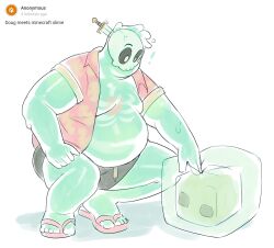  1boy bara big_belly colored_skin cube doug_(monster_prom) fat fat_man green_skin highres male_focus monster_boy monster_prom nifast_(greentail) object_through_head pale_color poking puffy_chest see-through short_shorts shorts slime_boy slippers solo squatting sword_in_head tareme 