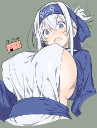 10s 1girl ainu_clothes blue_eyes blush breasts covered_erect_nipples dated fbc folded_ponytail headband huge_breasts kamoi_(kancolle) kantai_collection long_hair open_mouth sideboob sidelocks simple_background solo upper_body white_hair rating:Questionable score:45 user:danbooru