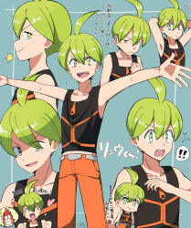  ! !! 1boy aaron_(pokemon) ahoge bare_arms blue_background collarbone creatures_(company) game_freak gen_3_pokemon green_eyes green_hair heart highres ilovecorgi looking_at_viewer male_focus multiple_views nintendo open_mouth outstretched_arms pokemon pokemon_bdsp pokemon_dppt star_(symbol) v-shaped_eyebrows wurmple 