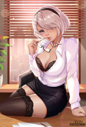 1girl black_thighhighs blouse blue_eyes blush bra breasts cleavage collared_shirt contemporary exlic unworn_eyewear glasses hair_over_one_eye hairband highres holding holding_removed_eyewear indoors jewelry lace lace-trimmed_legwear lace_trim looking_at_viewer mole necklace nier:automata nier_(series) open_clothes open_shirt plant shirt short_hair silver_hair sitting skirt solo swept_bangs thighhighs thighs underwear window 2b_(nier:automata) rating:Sensitive score:150 user:FabricioDias