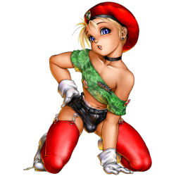  1boy androgynous bare_shoulders beret blonde_hair blue_eyes bulge cammy_white cammy_white_(cosplay) capcom choker collarbone cosplay crossdressing ear_piercing earrings english_text full_body gloves hand_on_own_hip hat hip_focus jewelry kneeling lips male_focus mole navel original piercing po-ju shoes short_shorts shorts shota simple_background solo street_fighter tan thighhighs trap white_background  rating:Questionable score:144 user:InvaderJim42