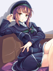  10s 1girl arm_up blue_dress blunt_bangs blush brown_eyes brown_hair character_name clothes_writing crossed_legs cushion dress from_side hat highres jewelry kantai_collection long_sleeves looking_at_viewer military military_uniform neckerchief parted_lips ring sailor_collar sailor_dress sailor_hat short_dress short_hair sitting solo turtleneck uniform wedding_band yumibakama_meme z3_max_schultz_(kancolle)  rating:Sensitive score:9 user:TwintailTickler