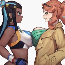2girls alternate_breast_size angry aqua_eyes armpit_crease asymmetrical_docking bare_shoulders blue_eyes blue_hair blush breast_contest breast_envy breast_press breasts bursting_breasts cinko coat creatures_(company) crop_top dark-skinned_female dark_skin earrings eyewear_on_head from_side game_freak glaring glasses gloves gym_leader hair_ornament heart heart_hair_ornament highres hoop_earrings jealous jewelry large_breasts long_sleeves looking_at_another midriff multiple_girls necklace nessa_(pokemon) nintendo open_clothes open_coat orange_hair pokemon pokemon_swsh ribbed_sweater rivalry side_ponytail smile sonia_(pokemon) sportswear sweater symmetrical_docking trench_coat upper_body wristband rating:Sensitive score:139 user:danbooru