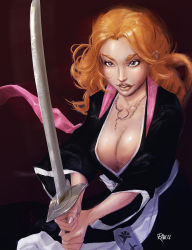 bleach breasts cleavage highres ismael japanese_clothes jewelry large_breasts lips long_hair matsumoto_rangiku mole necklace orange_hair bad_tag scarf sword weapon rating:Questionable score:3 user:danbooru