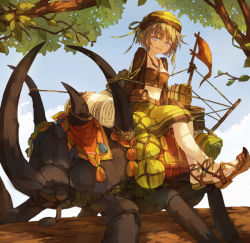  1girl :d adachi_jun animal beetle belt_pouch blue_eyes breasts brown_hair brown_jacket bug cloud collarbone crop_top day flag food fringe_trim fruit full_body hair_ribbon hat head_tilt insect jacket jewelry looking_at_viewer medium_breasts midriff mini_person minigirl necklace necktie no_socks open_clothes open_jacket open_mouth original outdoors oversized_animal pennant plant pouch ribbon riding sandals shoes short_hair sidesaddle skirt sky sleeping_bag smile tree vines watermelon  rating:Sensitive score:3 user:danbooru