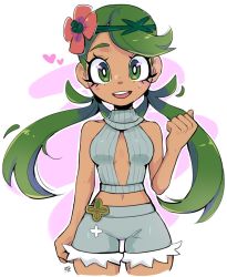 1girl :d adapted_costume bare_arms breasts commentary creatures_(company) dark-skinned_female dark_skin english_commentary flower game_freak green_eyes green_hair green_headband grey_shorts hand_up headband heart long_hair looking_at_viewer mallow_(pokemon) milka_(milk4ppl) nintendo open_mouth pink_flower pokemon pokemon_sm shorts signature sleeveless smile solo sweatdrop sweater_vest swept_bangs teeth tongue twintails upper_teeth_only rating:Sensitive score:32 user:danbooru