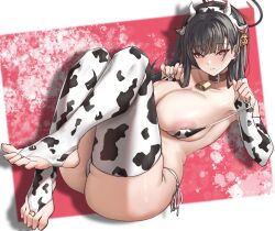  1girl alternate_costume animal_ears animal_print areola_slip ass bare_shoulders bell bikini bikini_pull black_hair blue_archive blush breasts choker cleavage clothes_pull collar cow_ears cow_girl cow_horns cow_print cow_print_bikini cowbell duchessofarmeria ear_tag elbow_gloves fake_animal_ears fake_horns feet gloves hair_ornament halo highres horns large_breasts long_hair looking_at_viewer lying micro_bikini neck_bell nipple_slip nipples on_back print_bikini red_eyes rio_(blue_archive) smile solo swimsuit thick_thighs thighhighs thighs toeless_legwear toes 