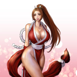  1girl bare_shoulders blush breasts brown_eyes brown_hair cleavage collarbone cowboy_shot fatal_fury high_ponytail japanese_clothes large_breasts looking_at_viewer parted_lips pelvic_curtain pink_devil ponytail revealing_clothes rope shiranui_mai smile snk solo the_king_of_fighters thick_thighs thighs 