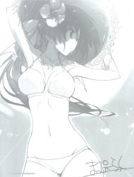  1girl absurdres armpits arms_behind_head bikini breasts female_focus hat highres jewelry kurashima_tomoyasu long_hair monochrome navel necklace solo swimsuit  rating:Questionable score:7 user:taigert16