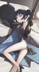  1girl absurdres bare_legs black_dress black_footwear black_gloves black_hair black_jacket blue_archive blue_eyes braid braided_bun breasts china_dress chinese_clothes closed_mouth commentary double_bun dragon_print dress expressionless gloves gun hair_bun high_heels highres holding holding_gun holding_weapon jacket kisaki_(blue_archive) long_hair looking_at_viewer lying nikki_l on_bed on_side pillow pinstripe_jacket pinstripe_pattern sleeveless sleeveless_dress small_breasts solo trigger_discipline twintails very_long_hair weapon 