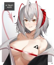  1girl antenna_hair areola_slip arknights bare_shoulders black_jacket blush breast_tattoo breasts brown_eyes closed_mouth collarbone demon_girl demon_horns demon_tail english_text eroborne gradient_background grey_background grey_hair heart highres horns jacket large_breasts multicolored_hair no_bra off_shoulder open_clothes open_jacket parted_lips red_hair short_hair signature smile smug solo tail tattoo two-tone_hair upper_body v-shaped_eyebrows w_(arknights)  rating:Questionable score:7 user:danbooru