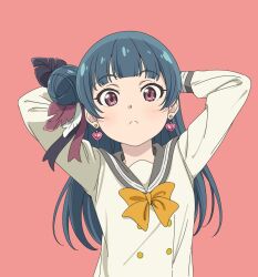  1girl arms_behind_head blue_hair blunt_bangs bow bowtie buttons check_commentary closed_mouth commentary_request cosplay dark_blue_hair double-breasted earrings feather_hair_ornament feathers frown genjitsu_no_yohane grey_sailor_collar hair_bun hair_ornament heart heart_earrings highres jewelry light_blush long_hair long_sleeves looking_at_viewer love_live! love_live!_sunshine!! pink_background pink_eyes sailor_collar sano_keiichi school_uniform self_cosplay serafuku shirt sidelocks simple_background single_side_bun solo split_mouth tsushima_yoshiko tsushima_yoshiko_(cosplay) upper_body uranohoshi_school_uniform white_shirt winter_uniform yellow_bow yellow_bowtie yohane_(genjitsu_no_yohane) 