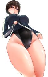  1girl bangs black_swimsuit blue_jacket blush breasts brown_hair cameltoe competition_swimsuit covered_navel cowboy_shot eyebrows_visible_through_hair groin hair_between_eyes highleg highleg_swimsuit highres jacket jacket_lift large_breasts legs_together lifted_by_self looking_at_viewer moruta_(sunu-pio) no_pants one-piece_swimsuit original parted_lips purple_eyes shiny shiny_skin short_hair simple_background solo standing swimsuit swimsuit_under_clothes track_jacket wide_hips 