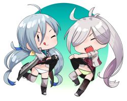 2girls :q ahoge asashimo_(kancolle) asashimo_kai_ni_(kancolle) black_gloves blue_hair blue_panties blush boots closed_eyes clothes_lift coat fairy_(kancolle) full_body gloves green_panties grey_hair grey_thighhighs hair_between_eyes hair_over_one_eye kantai_collection kiyoshimo_(kancolle) kiyoshimo_kai_ni_(kancolle) lifting_own_clothes long_hair low_twintails multiple_girls nassukun one_eye_closed open_mouth panties partially_fingerless_gloves ponytail sharp_teeth simple_background teeth thighhighs tongue tongue_out twintails underwear very_long_hair