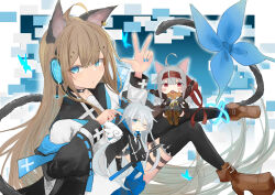  3girls absurdres agehachou_tsukushi ahoge animal_ears asymmetrical_legwear black_thighhighs blue_eyes blue_nails boots brown_hair bug butterfly cat_ears cat_tail food grey_hair headphones highres holding holding_scythe insect jacket long_hair looking_at_viewer mini_person minigirl multiple_girls open_clothes open_jacket original red_eyes scythe single_thigh_boot stella_quartzheart tail taiyaki thigh_boots thighhighs wagashi 