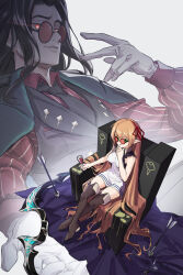 absurdres alternate_costume arisa_(shadowverse) arrow_(projectile) bare_shoulders black_hair blonde_hair boots bow_(weapon) breasts chair corruption crossed_legs cup cygames dark_persona drink drinking_glass elf eyewear_on_head formal glass glasses gloves glowing glowing_eyes green_eyes hand_on_own_chin hand_on_own_face hand_on_own_head highres holding holding_cup holding_drink iceschillendrig long_hair looking_at_viewer necktie pointy_ears possessed possession red-framed_eyewear round_eyewear shadowverse sitting spoilers suit thigh_boots thighhighs thighs weapon white_gloves yzj21333