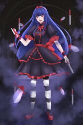  1girl absurdres alice_(magical_camp) black_dress blue_hair bow bowtie commission dagger dark_blue_hair doll dress hairband highres knife magical_camp red_eyes red_footwear red_hairband solo striped_clothes striped_thighhighs thighhighs weapon  rating:General score:1 user:wriggletime@gmail.com