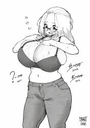  1girl absurdres adjusting_breasts alternate_breast_size bangs_pinned_back belly black-framed_eyewear bra breasts breasts_squeezed_together bursting_breasts cleavage commentary denim dressing english_commentary glasses greyscale highres huge_breasts inconvenient_breasts inne_sulistya_robin jeans long_hair love_handles midriff monochrome muffin_top navel nervous_sweating norman_maggot original pants solo source_request strap_gap sweat sweatdrop undersized_bra undersized_breast_cup undersized_clothes underwear veins veiny_breasts  rating:Sensitive score:60 user:nightgadget