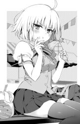  1girl :t ahoge alternate_costume bag blush bow bowtie breasts bunting closed_mouth crepe eating fate/grand_order fate_(series) food food_on_face greyscale hanabana_tsubomi homurahara_academy_school_uniform jeanne_d&#039;arc_alter_(avenger)_(fate) jeanne_d&#039;arc_alter_(fate) looking_at_viewer medium_breasts monochrome school_bag school_uniform short_hair short_sleeves sitting skindentation skirt solo thighhighs vest 