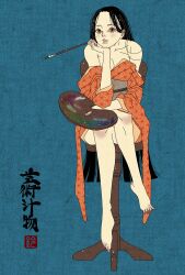  1girl absurdres barefoot black_hair blue_background breasts brown_eyes collarbone crossed_legs fine_art_parody floral_print floral_print_kimono forehead full_body head_in_hand highres holding holding_paintbrush holding_palette inkan japanese_clothes kimono long_hair looking_at_viewer medium_breasts nihonga original paintbrush palette_(object) parody sei5osuzuki sitting stool 