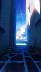  absurdres aircraft airplane alley beach bench blue_sky building cloud commentary contrail cumulonimbus_cloud day flower highres horizon no_humans ocean original outdoors pink_flower scenery sky smile_(qd4nsvik) stone_floor vanishing_point white_flower 