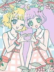  2girls :d ;d ahoge bad_id bad_twitter_id bag bare_shoulders blonde_hair blue_eyes blunt_bangs bow bracelet cherry collared_dress cone_hair_bun double_bun dress food fruit green_bow green_eyes hair_bow hair_bun hand_up heart heart_hands heart_hands_duo jewelry leaf long_hair looking_at_viewer manaka_laala matching_outfits mdr_onj1807 minami_mirei multiple_girls one_eye_closed open_mouth pink_dress pretty_series pripara purple_hair short_hair sleeveless sleeveless_dress smile standing twintails very_long_hair 