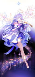  1girl absurdres aqua_eyes aqua_nails bare_shoulders bead_bracelet beads bracelet braid closed_mouth detached_sleeves dress french_braid full_body gloves halo head_wings highres holding holding_instrument holding_violin honkai:_star_rail honkai_(series) instrument jewelry long_hair music musical_note no_shoes playing_instrument purple_dress purple_hair robin_(honkai:_star_rail) short_sleeves smile solo toenails two-tone_dress user_xjfu4278 violin white_dress white_gloves white_wings wings 