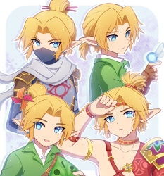  1boy :d absurdres alternate_hairstyle blue_eyes brown_gloves collarbone desert_voe_set_(zelda) enni fairy fingerless_gloves from_side gloves green_shirt grey_scarf hair_ornament hair_stick highres link male_focus mask mouth_mask multiple_views nintendo open_mouth parted_bangs ponytail scarf shirt short_hair smile stealth_set_(zelda) teeth the_legend_of_zelda the_legend_of_zelda:_breath_of_the_wild upper_teeth_only 