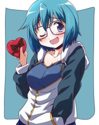  1girl ;d aged_up blue-framed_eyewear blue_eyes blue_hair blue_hoodie bob_cut box commentary drawstring gift glasses hand_in_pocket heart heart-shaped_box highres holding holding_gift hood hood_down hoodie inoue_kouji long_sleeves looking_at_viewer mahou_shoujo_madoka_magica mahou_shoujo_madoka_magica_(anime) miki_sayaka obligation_chocolate one_eye_closed open_mouth outside_border partially_unzipped smile solo standing textless_version valentine 