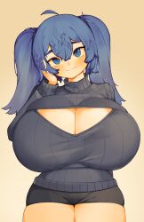  1girl ahoge black_sweater blue_eyes blue_hair blush breasts cleavage cleavage_cutout clothing_cutout cowboy_shot gigantic_breasts head_tilt highres long_hair meme_attire open-chest_sweater original pincerpencil ribbed_sweater sachi_(lero_ray) short_shorts shorts simple_background smile solo sweater turtleneck turtleneck_sweater twintails 
