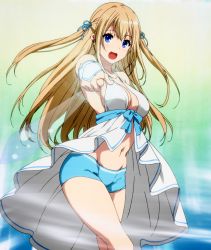  1girl :d absurdres amagi_brilliant_park blonde_hair blue_eyes bow breasts cleavage fairy_wings hair_bow highres long_hair looking_at_viewer navel no_bra open_mouth pointing screencap short_shorts shorts sideboob smile solo stitched sylphy_(amaburi) thighs third-party_edit wind wings  rating:Sensitive score:33 user:EdWin02
